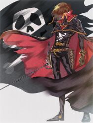 Rule 34 | 1boy, black capelet, black jacket, black pants, brown eyes, brown gloves, brown hair, capelet, cosmo dragoon, eyepatch, gloves, hair over one eye, harlock, harlock saga, highres, holding, holding sword, holding weapon, jacket, jolly roger, looking at viewer, pants, scar, scar on face, serious, skull and crossbones, slllle1, solo, sword, uchuu kaizoku captain harlock, weapon, white background