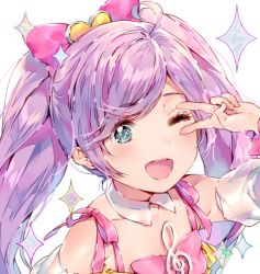 Rule 34 | 1girl, bad id, bad pixiv id, bare shoulders, blue eyes, blush, character request, copyright request, detached collar, detached sleeves, dsmile, hair ornament, long hair, musical note, one eye closed, open mouth, pastel colors, puffy sleeves, purple hair, smile, solo, swept bangs, twintails, v, v over eye, white background