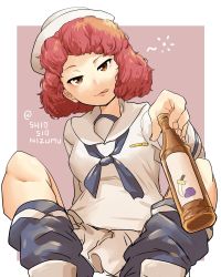 Rule 34 | 1girl, :q, arm behind back, beer bottle, blouse, blue neckerchief, blue socks, bottle, closed mouth, commentary, curly hair, dixie cup hat, drunk, foreshortening, girls und panzer, grey background, half-closed eyes, hat, head tilt, highres, holding, holding bottle, licking lips, lips, loafers, long sleeves, looking at viewer, loose socks, military hat, miniskirt, neckerchief, one-hour drawing challenge, ooarai naval school uniform, pleated skirt, print socks, reaching, reaching towards viewer, red eyes, red hair, religious offering, rum (girls und panzer), sailor, sailor collar, school uniform, shio nizumu, shirt, shoes, short hair, sitting, skirt, smile, socks, solo, squeans, tongue, tongue out, twitter username, white footwear, white hat, white shirt, white skirt