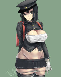 Rule 34 | 10s, 1girl, akitsu maru (kancolle), arm behind back, backpack, bag, bandages, black eyes, black hair, black hat, black skirt, breasts, buttons, cleavage, curvy, gloves, green background, hat, highres, kantai collection, large breasts, long sleeves, looking at viewer, midriff, military, military hat, military uniform, mizugensui, navel, open clothes, pale skin, panties, panty pull, peaked cap, pleated skirt, pulling own clothes, randoseru, remodel (kantai collection), removing panties, sarashi, short hair, signature, simple background, skirt, solo, thick thighs, thighhighs, thighs, underwear, undressing, uniform, white gloves, white panties, wide hips