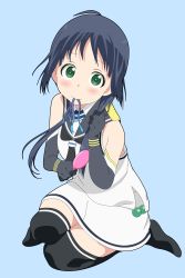 Rule 34 | 1girl, aiura, black hair, black sailor collar, black thighhighs, blue background, commentary request, elbow gloves, full body, gloves, green eyes, hair brush, highres, kantai collection, long hair, looking at viewer, low twintails, mouth hold, parody, ribbon, sailor collar, school uniform, serafuku, shirt, simple background, skirt, sleeveless, sleeveless shirt, solo, style parody, sugapi, suzukaze (kancolle), thighhighs, twintails, uehara ayuko, white skirt