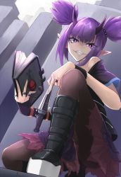 Rule 34 | 1girl, arknights, bare shoulders, black thighhighs, book, boots, dagger, highres, holding, holding book, holding dagger, holding knife, holding weapon, horns, knife, lava (arknights), miimu (nelreg3), pointy ears, purple eyes, purple hair, shirt, short hair, skirt, smile, solo, thighhighs, weapon
