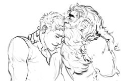 Rule 34 | 2boys, bare shoulders, beard, blush, brown hair, closed eyes, couple, dungeon meshi, dwarf, facial hair, from side, greyscale, happy, highres, interspecies, jasjuliet, kiss, kissing forehead, laios touden, long beard, male focus, monochrome, multiple boys, mustache, senshi (dungeon meshi), thick mustache, toned, toned male, upper body, very long beard, yaoi
