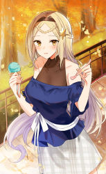 Rule 34 | 1girl, bare shoulders, blonde hair, blue shirt, blush, braid, brown eyes, brown hairband, character request, collarbone, commentary request, commission, covered collarbone, epic seven, food, hair ornament, hairband, highres, holding, holding food, holding spoon, ice cream, ice cream cone, iseria (epic seven), kinona, long hair, looking at viewer, off-shoulder shirt, off shoulder, outdoors, parted bangs, parted lips, plaid, plaid skirt, shirt, short sleeves, skeb commission, skirt, smile, solo, spoon, unmoving pattern, very long hair, white skirt