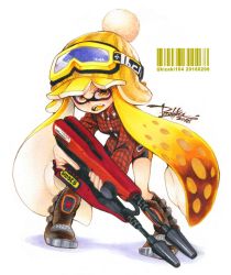 Rule 34 | 1girl, artist name, barcode, bike shorts, black footwear, black shorts, blonde hair, blunt bangs, bobblehat, boots, collared shirt, dated, dual squelcher (splatoon), fangs, full body, goggles, goggles on headwear, hat, holding, holding weapon, inkling, inkling (language), inkling girl, inkling player character, isamu-ki (yuuki), long hair, long sleeves, looking at viewer, marker (medium), nintendo, open mouth, plaid, plaid shirt, pointy ears, red shirt, shirt, shorts, signature, single vertical stripe, solo, splatoon (series), splatoon 1, standing, tentacle hair, traditional media, twitter username, weapon, white background, yellow eyes, yellow hat