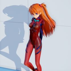 Rule 34 | 1girl, 3d, arms behind back, artist request, blue eyes, bodysuit, breasts, highres, long hair, looking at viewer, medium breasts, neon genesis evangelion, orange hair, plugsuit, red bodysuit, shiny clothes, smile, solo, souryuu asuka langley, standing, twintails, upper body, very long hair