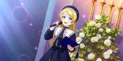 Rule 34 | 1girl, absurdres, ayase eli, beret, blonde hair, blue eyes, book, candle, candlestand, collared dress, dress, flower, hair ornament, hat, hat ornament, highres, holding, holding book, holding microphone, indoors, long hair, long sleeves, love live!, love live! school idol festival all stars, love live! school idol project, microphone, music, official art, open mouth, plant, ribbon, rose, sash, singing, sleeve cuffs, smile, solo, sparkle, star (symbol), star hair ornament, star hat ornament, sunlight, tassel, very long hair