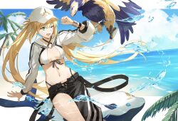 Rule 34 | 1girl, arm at side, artoria caster (fate), artoria caster (swimsuit) (fate), artoria caster (swimsuit) (first ascension) (fate), artoria pendragon (fate), asymmetrical clothes, asymmetrical pants, baseball cap, beach, bikini, bird, black pants, black ribbon, blonde hair, blue sky, breasts, clenched hand, cloud, cowboy shot, criss-cross halter, cropped jacket, eagle, fate/grand order, fate (series), green eyes, halterneck, hand up, hat, highres, hoshi rasuku, jacket, light blush, long hair, long sleeves, looking at animal, looking to the side, navel, ocean, one eye closed, open mouth, open pants, orca, outdoors, outstretched hand, palm tree, pants, puffy long sleeves, puffy sleeves, ribbon, sailor collar, sand, single pantsleg, sky, small breasts, smile, solo, striped clothes, striped jacket, striped ribbon, swimsuit, tree, twintails, water, white bikini, white hat, white jacket, white sailor collar, wristband