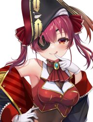 Rule 34 | 1girl, ascot, bicorne, black coat, blush, breasts, brooch, cleavage, coat, cropped jacket, eyepatch, finger to mouth, gloves, hand on own hip, hat, hololive, houshou marine, houshou marine (1st costume), ikazu401, index finger raised, jacket, jewelry, large breasts, leotard under leotard, licking lips, long hair, long sleeves, looking at viewer, off shoulder, orange eyes, pirate hat, red coat, red hair, red jacket, sleeveless, sleeveless jacket, smile, solo, tongue, tongue out, twintails, two-sided coat, two-sided fabric, upper body, virtual youtuber, white gloves