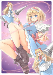 Rule 34 | 1girl, alice margatroid, apron, arnest, blonde hair, blue dress, blue eyes, blush, boots, border, bow, breasts, brown footwear, cape, closed mouth, collar, doll, dress, duplicate, flying, from behind, gradient background, hairband, hands up, highres, long hair, looking at viewer, medium breasts, multicolored background, open mouth, panties, pink background, pixel-perfect duplicate, puffy short sleeves, puffy sleeves, purple background, red bow, red hairband, red neckwear, shanghai doll, short hair, short sleeves, smile, solo, thighs, touhou, underwear, weapon, white apron, white border, white bow, white cape, white collar, white panties, white sleeves, wrist cuffs