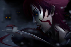 Rule 34 | amaha masane, blade, blood, facial mark, highres, licking, meijeanie, monster, piercing, red hair, short hair, solo, tongue piercing, witchblade, yellow eyes
