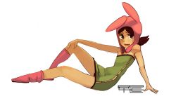 Rule 34 | 1girl, animal hat, bad id, bad pixiv id, bare shoulders, beanie, black hair, bob&#039;s burgers, brown eyes, dress, flat chest, full body, green dress, hat, looking at viewer, loose socks, louise belcher, open mouth, pink socks, polyle, reclining, short dress, socks, solo, strapless, strapless dress