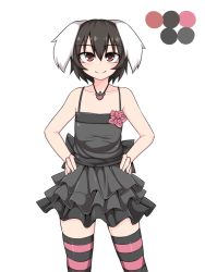 Rule 34 | 1girl, animal ears, bare shoulders, black dress, brown eyes, brown hair, collarbone, dress, flat chest, hands on own hips, inaba tewi, kuroba rapid, rabbit ears, short dress, short hair, smile, solo, striped clothes, striped thighhighs, thighhighs, touhou, zettai ryouiki