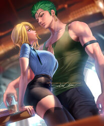 Rule 34 | 1boy, 1girl, against table, black thighhighs, blonde hair, blue eyes, blush, breasts, buttons, collared shirt, curly eyebrows, drink, earrings, food, genderswap, genderswap (mtf), green hair, hair over one eye, hetero, jewelry, large breasts, lips, looking at another, medium hair, muscular, muscular male, necktie, one piece, open mouth, roronoa zoro, sakimichan, sanji (one piece), shirt, short hair, shorts, thick thighs, thighhighs, thighs, underwear, veins, zettai ryouiki