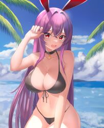 Rule 34 | 1girl, absurdres, animal ears, bikini, black bikini, blush, breasts, cleavage, collarbone, crescent moon, day, highres, large breasts, light purple hair, long hair, looking at viewer, moon, nail polish, nature, navel, ocean, open mouth, outdoors, palm leaf, palms, purple hair, rabbit ears, rabbit girl, red eyes, reisen udongein inaba, solo, sweat, swimsuit, touhou, user sfev2834, very long hair