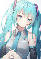 Rule 34 | 1girl, 39, alexmaster, aqua eyes, aqua hair, bare shoulders, breasts, closed mouth, collared shirt, commentary request, detached sleeves, grey shirt, hair ornament, hatsune miku, highres, long hair, long sleeves, looking at viewer, necktie, own hands together, shirt, shoulder tattoo, simple background, small breasts, smile, solo, tattoo, twintails, upper body, vocaloid, white background