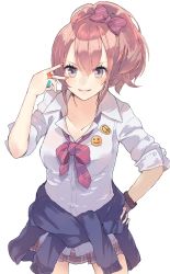 Rule 34 | 10s, 1girl, bad id, bad pixiv id, badge, blue eyes, bow, brooch, brown hair, button badge, clothes around waist, collared shirt, dress shirt, hair bow, hand on own hip, highres, idolmaster, idolmaster cinderella girls, jacket, jacket around waist, jewelry, jougasaki mika, looking at viewer, nail polish, peace symbol, pink nails, ponytail, ribbon, ring, school uniform, shirt, simple background, sleeves pushed up, smile, solo, sweater, sweater around waist, ultone (neisiss), v over eye, white background