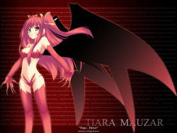Rule 34 | 1girl, armpits, bandeau, black background, breasts, character name, demon girl, english text, fear-drive, female focus, from side, gradient background, legs apart, navel, red background, red hair, red thighhighs, revealing clothes, shimakaze (soundz of bell), solo, standing, thighhighs, tiara mauzar, two side up, wings, yellow eyes