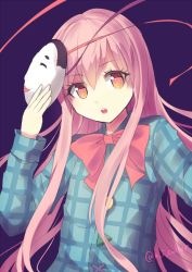 Rule 34 | 1girl, bow, culter, eyelashes, hata no kokoro, holding, holding mask, long hair, long sleeves, looking at viewer, mask, noh mask, open mouth, orange eyes, pink hair, plaid, plaid shirt, purple background, red bow, shirt, simple background, solo, touhou, twitter username, upper body