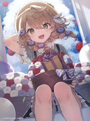 Rule 34 | 1girl, :d, balloon, basket, blue sky, braid, brown hair, cloud, confetti, copyright name, enomoto hina, flower, green eyes, green shirt, hair flower, hair ornament, hat, nijisanji, official art, open mouth, purple flower, red flower, sample watermark, shirt, short sleeves, single hair intake, sitting, skirt, sky, smile, solo, teeth, tongue, twin braids, upper teeth only, virtual youtuber, watermark, white flower, yaguruma rine