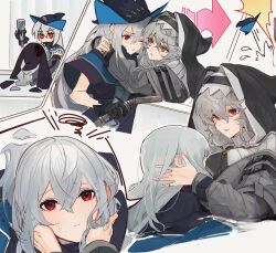 Rule 34 | 2girls, arknights, blood, blue eyes, closed mouth, grey hair, h cho3, hair between eyes, hands on another&#039;s face, hat, hood, hug, long hair, long sleeves, looking at viewer, multiple girls, one eye closed, open mouth, skadi (arknights), smile, specter (arknights), sweat, yuri