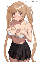 Rule 34 | 1girl, black skirt, bra, breasts, collarbone, hands on own chest, highres, kantai collection, large breasts, light brown hair, murasame (kancolle), navel, one-hour drawing challenge, pleated skirt, red eyes, simple background, skirt, solo, twintails, twitter username, underwear, white background, white bra, yamano rita