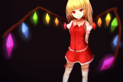 Rule 34 | 1girl, adapted costume, alternate costume, arms behind back, black background, blonde hair, blurry, crystal, fang, flandre scarlet, looking at viewer, no headwear, pointy ears, ponytail, puffy sleeves, red eyes, shirt, shone, short hair, short sleeves, side ponytail, simple background, skirt, skirt set, smile, solo, thighhighs, touhou, vest, white thighhighs, wings, zettai ryouiki
