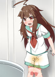 Rule 34 | 1girl, ahoge, blush, brown eyes, brown hair, door, fang, female focus, green sailor collar, grey background, have to pee, indoors, kantai collection, kuma (kancolle), long hair, matching hair/eyes, minamimachi naname, neckerchief, nose blush, open mouth, peeing, peeing self, red neckerchief, sailor collar, shirt, short sleeves, shorts, solo, standing, tears, teeth, toilet, wet, wet clothes, white shirt, white shorts