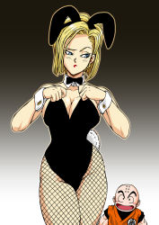 Rule 34 | 1girl, adjusting clothes, android 18, animal ears, armpits, bald, bare shoulders, black bow, black leotard, blonde hair, blue eyes, bob cut, bow, bowtie, breasts, cleavage, closed mouth, cowboy shot, detached collar, dragon ball, dragonball z, earrings, fake animal ears, fake tail, fishnet pantyhose, fishnets, gradient background, groin, hands up, highres, hoop earrings, husband and wife, jewelry, kugayama hodai, kuririn, large breasts, legs, leotard, lipstick, looking at another, looking back, looking to the side, makeup, medium hair, open mouth, pantyhose, playboy bunny, rabbit ears, rabbit tail, red lips, simple background, standing, strapless, tail, thighs, wrist cuffs