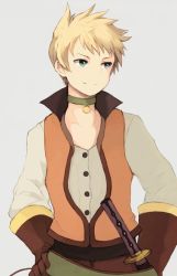 Rule 34 | 00s, 1boy, bad id, bad pixiv id, blonde hair, blue eyes, choker, coroof, gloves, grey background, guy cecil, male focus, smile, solo, tales of (series), tales of the abyss, vest