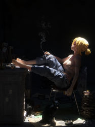Rule 34 | 1girl, animal, arm at side, arm rest, ashtray, bare arms, bare shoulders, barefoot, blonde hair, blue pants, book, book stack, bottle, box, breasts, cable, cat, chair, cigarette, cigarette pack, closed eyes, closed mouth, crumpled paper, cup, dark, denim, desk, drawer, drinking glass, feet on table, from side, highres, holding, holding cigarette, indoors, jacket, unworn jacket, jeans, jewelry, leaning back, looking at viewer, maocha, messy room, nail polish, necklace, original, pants, paper, pendant, pink nails, ponytail, profile, sideboob, sitting, smoke, smoking, soles, strap gap, strap slip, tank top, toenail polish, toenails