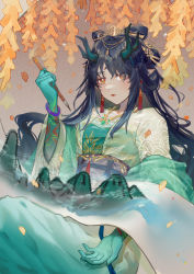 Rule 34 | 1girl, absurdres, alternate hairstyle, arknights, black hair, blush, bracelet, calligraphy brush, chinese clothes, chinese commentary, closed mouth, colored skin, commentary request, dragon horns, dusk (arknights), earrings, facial mark, forehead mark, gradient background, green skin, grey background, highres, holding, holding brush, horns, jewelry, lipstick, long hair, long sleeves, looking at viewer, makeup, paintbrush, petals, pointy ears, red eyes, sash, scroll, shawl, shixian900, solo, tiara, very long hair