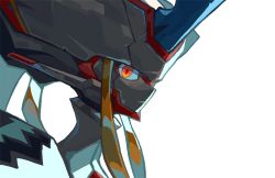Rule 34 | 1girl, closed mouth, darling in the franxx, horns, looking at viewer, mecha, niking, red eyes, robot, simple background, single horn, solo, strelizia, white background