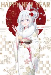 Rule 34 | 1girl, alternate costume, alternate hairstyle, animal ears, blue archive, english text, flower, grey hair, hair flower, hair ornament, halo, happy new year, highres, holding, hoshino ouka, japanese clothes, kimono, looking at viewer, miyako (blue archive), new year, open mouth, ponytail, purple eyes, rabbit ears, solo