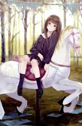 Rule 34 | 1girl, absurdres, brown hair, carousel, fukahire (ruinon), highres, horse, horseback riding, long hair, riding, sidesaddle, sitting, skirt, smile, solo, tree