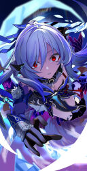 Rule 34 | 1girl, absurdres, bare shoulders, black gloves, blue sleeves, crescent moon, detached sleeves, esu 3101, flower, ghost hands, gloves, high ponytail, highres, holding, holding sword, holding weapon, honkai: star rail, honkai (series), jingliu (honkai: star rail), long hair, looking at viewer, moon, open mouth, ponytail, red eyes, solo, sword, unworn blindfold, weapon, white flower, white hair