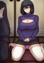 Rule 34 | 10s, 1boy, 1girl, black hair, blush, breasts, cleavage, haguro (kancolle), hair ornament, kantai collection, large breasts, light smile, looking at viewer, meme attire, open-chest sweater, out of frame, panties, pencil skirt, purple eyes, purple panties, purple sweater, ribbed sweater, short hair, sitting, skindentation, skirt, solo focus, sweater, tatami, thighhighs, underwear, upskirt, wariza, white thighhighs, yuzumiya mono