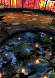 Rule 34 | absurdres, blurry, building, cloud, commentary request, depth of field, fireflies, garden, grass, highres, leaf, moss, night, no humans, original, outdoors, pond, reflection, rock, scenery, shuu illust, stone, window