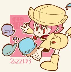 Rule 34 | 2022, 2girls, blush stickers, boots, food, hat, ice cream, ice cream cone, leaning forward, multiple girls, neko mata g, open mouth, pink background, pink eyes, pink hair, raincoat, running, short hair, skullgirls, solo, umbrella (skullgirls), yellow background