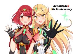 Rule 34 | 2girls, absurdres, anniversary, black gloves, blonde hair, breasts, chest jewel, cleavage, fingerless gloves, gloves, hand on another&#039;s shoulder, highres, hip vent, large breasts, looking at viewer, multiple girls, mythra (xenoblade), navel, pyra (xenoblade), reason3 s, red eyes, red hair, smile, tiara, waving, white gloves, xenoblade chronicles (series), xenoblade chronicles 2, yellow eyes