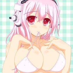 Rule 34 | 1girl, bikini, blush, breasts, cleavage, covered erect nipples, headphones, large breasts, long hair, looking at viewer, marimo (artist), mouth hold, musical note, nitroplus, oekaki, pink hair, red eyes, smile, solo, super sonico, swimsuit, upper body, white bikini