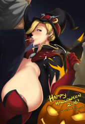Rule 34 | 1girl, 2boys, alternate costume, blonde hair, blue eyes, blush, breasts, cum, cum in mouth, cum in pussy, ejaculation, elbow gloves, erection, fellatio, gloves, group sex, halloween, handjob, hat, highres, huge breasts, long hair, mercy (overwatch), mmf threesome, multiple boys, oral, overwatch, overwatch 1, penis, sex, sideboob, text focus, threesome, uncensored, waterproof-pigeon, witch, witch hat