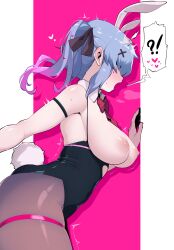 Rule 34 | !?, 1girl, absurdres, animal ears, black leotard, black pantyhose, black ribbon, blue hair, blush, bow, bowtie, breasts, breasts out, clothing cutout, covered eyes, dammit, detached collar, fake animal ears, fake tail, hair ornament, hair ribbon, hatsune miku, heart, heart cutout, highres, implied sex, large breasts, leotard, long hair, motion lines, multicolored hair, navel cutout, necktie, nipples, open mouth, pantyhose, pink hair, playboy bunny, rabbit ears, rabbit hole (vocaloid), rabbit tail, red bow, red bowtie, red necktie, ribbon, sex, sex from behind, sideboob, sidelocks, skindentation, solo, spaghetti strap, speech bubble, spoken heart, streaked hair, tail, thigh strap, thighs, twintails, two-tone hair, vocaloid, x hair ornament