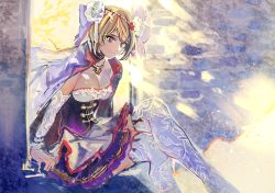 Rule 34 | 10s, 1girl, bad id, bad pixiv id, blonde hair, blue eyes, breasts, chain chronicle, cleavage, flower, gradient background, hair ribbon, momo alto, ribbon, rose, smile, solo