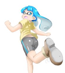 Rule 34 | 1girl, ass, bike shorts, black shorts, blunt bangs, blurry, blush, depth of field, flat ass, foreshortening, from behind, highres, inkling, inkling girl, inkling player character, long hair, looking at viewer, nintendo, open mouth, pointy ears, running, shirt, shoes, short sleeves, shorts, simple background, single vertical stripe, sketch, smile, solo, splatoon (series), splatoon 1, t-shirt, tentacle hair, toraneko555, transparent background, white background, yellow shirt