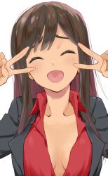 Rule 34 | 1girl, :d, ^ ^, blush, breasts, brown hair, closed eyes, double v, federica n. doglio, head tilt, homare (homaredai), long hair, no bra, open mouth, partially unbuttoned, sidelocks, simple background, small breasts, smile, solo, strike witches: kurenai no majo-tachi, upper body, v, v over eye, world witches series