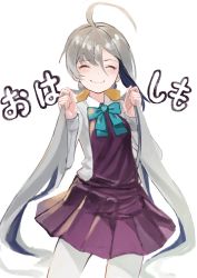 Rule 34 | 1girl, absurdres, ahoge, blue bow, blue bowtie, blush, bow, bowtie, bunching hair, closed eyes, cowboy shot, dress, facing viewer, grey hair, hands up, highres, holding, holding own hair, kantai collection, kiyoshimo (kancolle), long hair, long sleeves, luicent, pantyhose, pleated dress, purple dress, shirt, simple background, smile, solo, standing, twintails, very long hair, white background, white pantyhose, white shirt