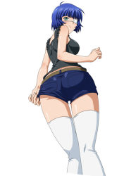 Rule 34 | 1girl, ass, bare shoulders, blue hair, eyepatch, ikkitousen, looking at viewer, looking back, ryomou shimei, short hair, short shorts, shorts, smile, tagme, thighhighs