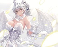 Rule 34 | 1girl, absurdres, ascot, bare shoulders, breasts, cleavage, detached collar, detached sleeves, dress, gloves, grey eyes, grey hair, hair between eyes, highres, horns, large breasts, long hair, looking at viewer, lovely labrynth of the silver castle, low wings, medium hair, multiple wings, pointy ears, rikiddo (tise 00), solo, strapless, strapless dress, twintails, white ascot, white dress, white gloves, wings, yu-gi-oh!
