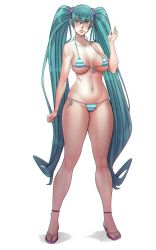 Rule 34 | 1girl, absurdres, bikini, blush, breasts, feet, green eyes, green hair, hatsune miku, highres, large breasts, legs, long hair, navel, pop-lee, smile, solo, striped bikini, striped clothes, swimsuit, thick thighs, thighs, twintails, underboob